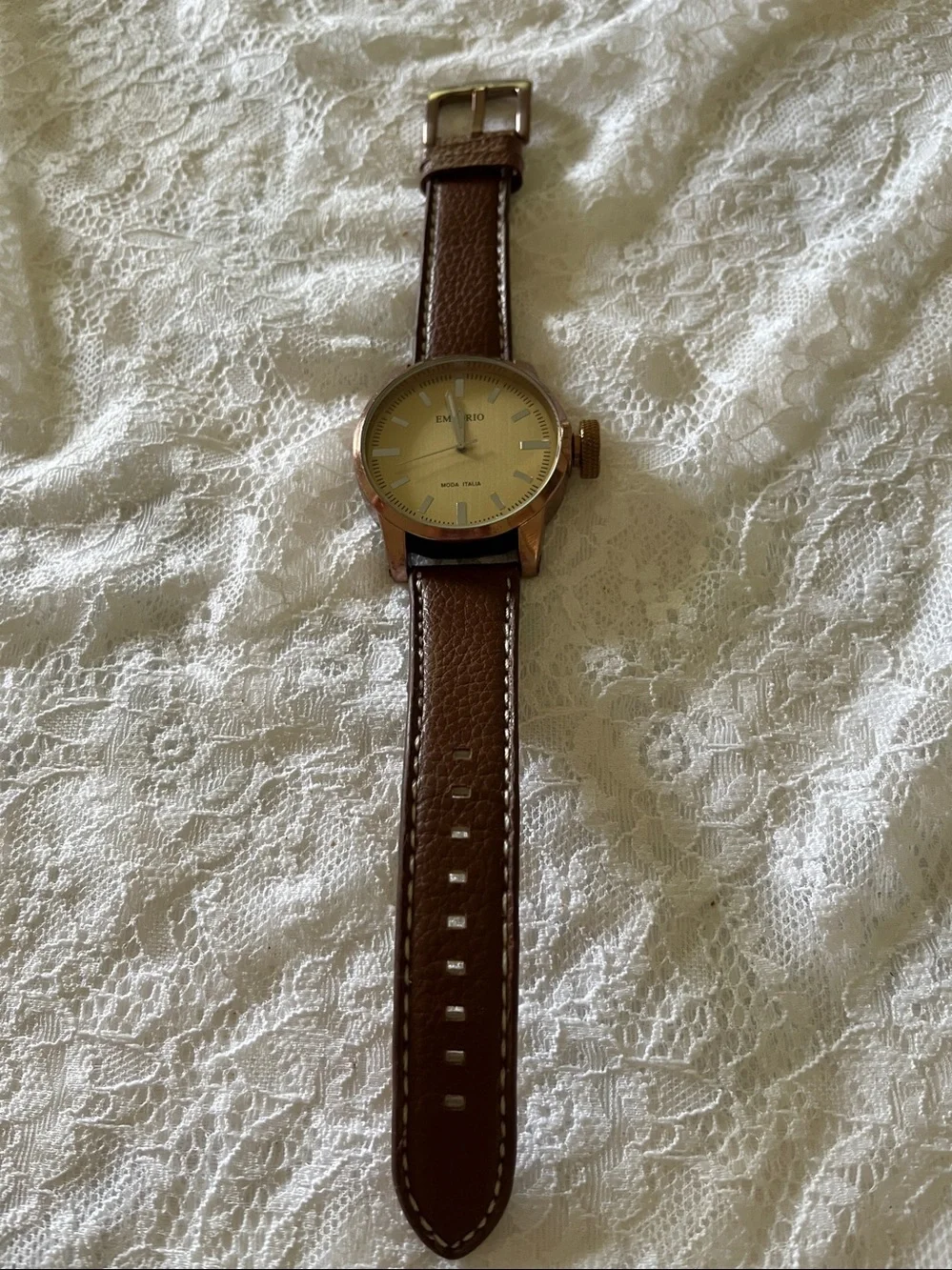 Emporio Moda Italia Men's Brown Leather Strap Watch with Gold Dial